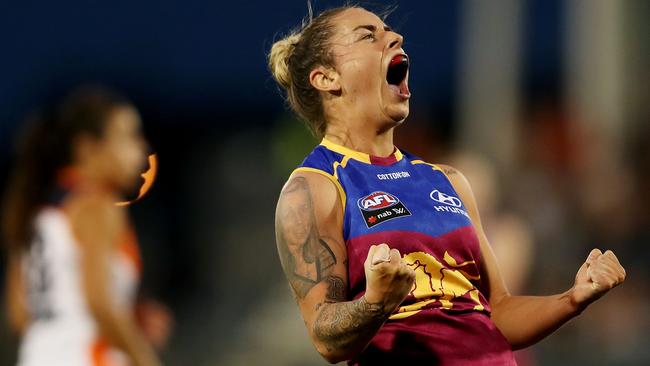 Wuetschner roars with delight in 2018 after kicking a goal. Picture: Getty Images