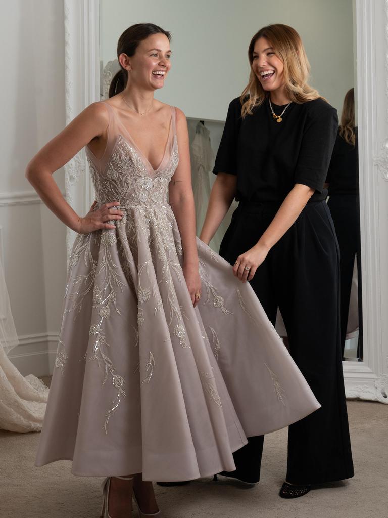 Internationally-renowned Adelaide couture house Paolo Sebastian is dressing Power wag Kellie Finlayson for the Brownlows. She is pictured with stylist Lauren Dilena. Picture: Naomi Jellicoe