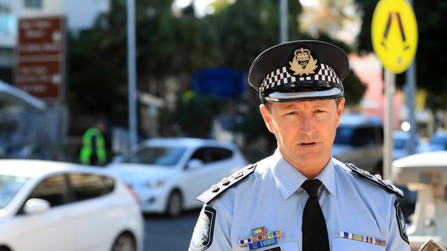 Chief Superintendent Mark Wheeler speaks to the media at Griffith Street in Coolangatta. Picture: Adam Head.