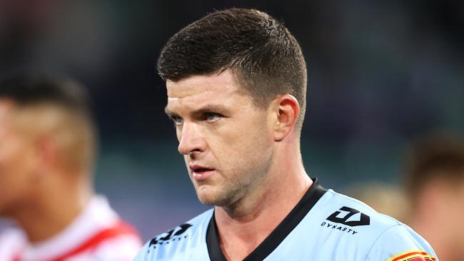 SYDNEY, AUSTRALIA - APRIL 10:  Chad Townsend of the Sharks looks dejected after defeat during the round five NRL match between the Sydney Roosters and the Cronulla Sharks at Sydney Cricket Ground, on April 10, 2021, in Sydney, Australia. (Photo by Mark Kolbe/Getty Images)