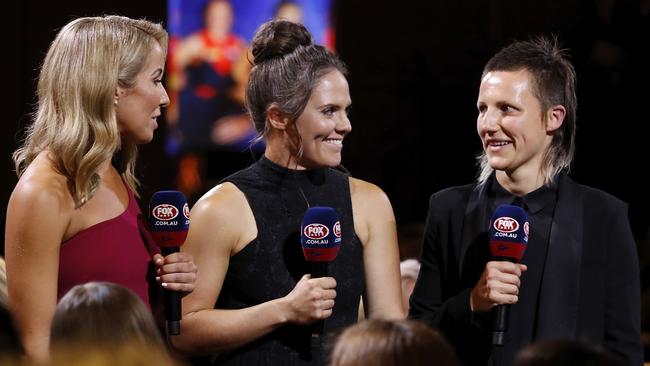 Kath Loughnan interviews Kearney and Paxman after their latest selection in the All-Australian team. Picture: AFL Photos via Getty Images