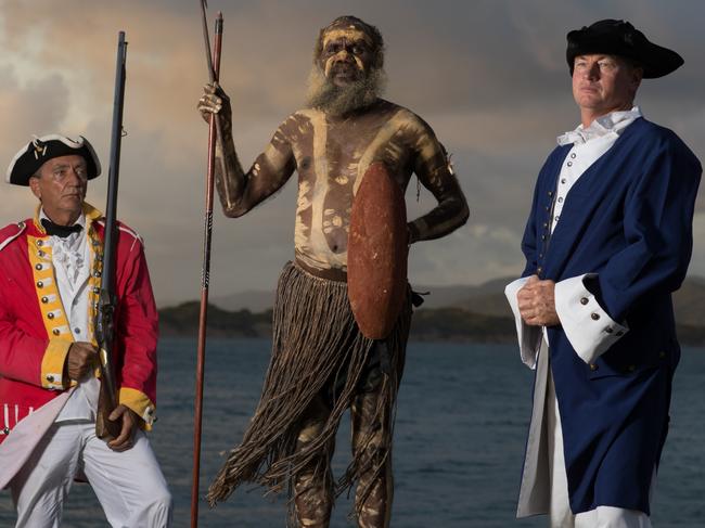 EMBARGO QWEEKEND USE ONLY  Cooktown Re-enactment Association Justin Barr, as Cpt Cook, Fred Deeral, Waymburr Warra traditional owner, and Doug Jene, as a marine, in Cooktown prepare for the 2020 Festival to celebrate the 250th anniversary of the landing of Cpt Cook. Picture: Marc McCormack