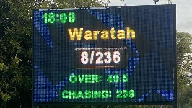 The winning scoreboard in Nightcliff's one-day final victory over Waratah. Picture: Camden Smith.