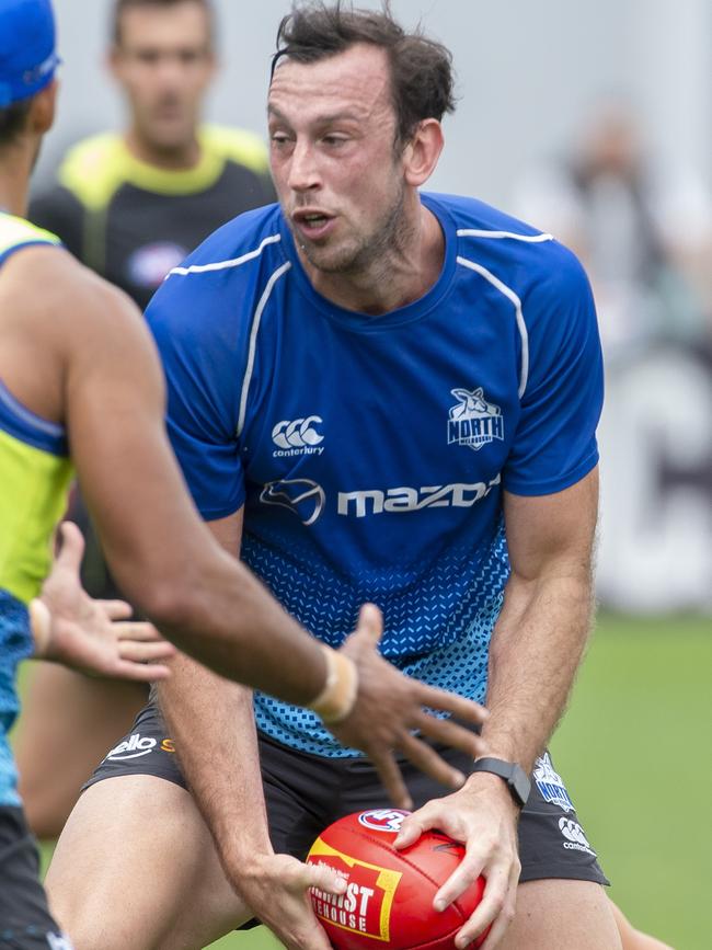 Todd Goldstein in action at North Melbourne preseason training. Picture: Jay Town