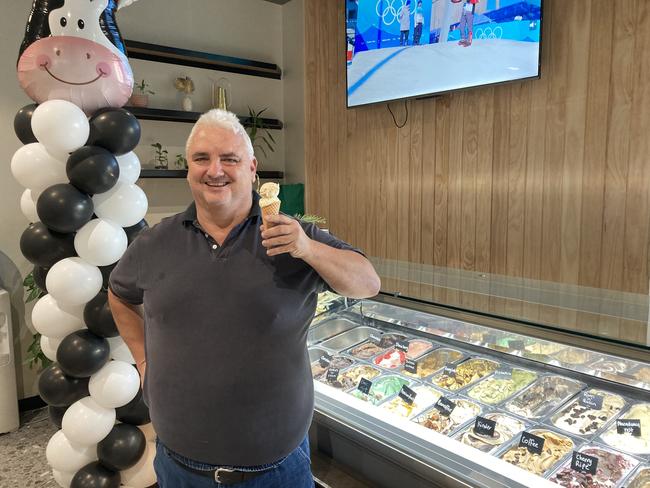 Laffos Bar and Pizzeria co-owner Mark Laffin’s with the huge range of Maleny gelato and sorbet offerings. Picture: Madeleine Graham