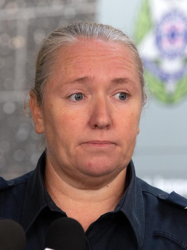 Sergeant Janine Saunders speaks to media at Glen Waverley. Picture: Sarah Matray