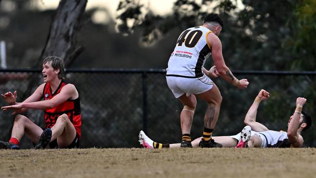 NFL: Thomastown’s Jaspa Gook and Ben Nesci celebrate a goal. Picture: Andy Brownbill