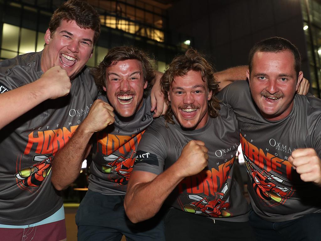 Fans Tyson Emmerson, Beau Lynagh, Kayne Lynagh and Mitchell Phillips at Horn-Mundine at Suncorp Stadium. Picture: Peter Wallis