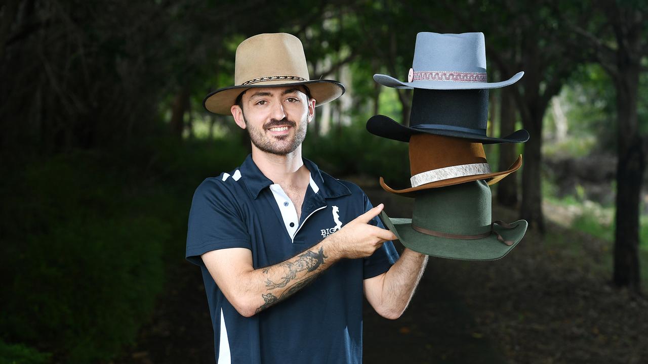 Liam Ervine with his custom made hats. Picture: Shae Beplate.