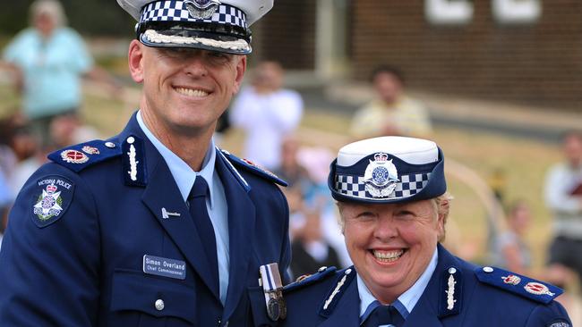 Simon Overland, pictured as then newly appointed Victoria Police Chief Commissioner with past Chief Commissioner Christine Nixon at his first graduation ceremony.