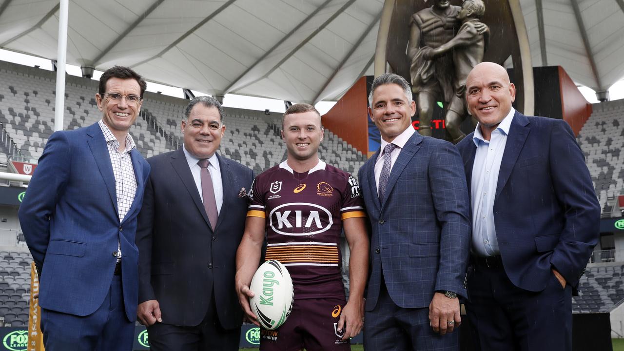 Ben Ikin (L) then embarked on a successful career with Fox Sports – pictured here alongside Mal Meninga, Broncos hooker Jake Turpin, Corey Parker and Gorden Tallis. Picture: Jonathan Ng