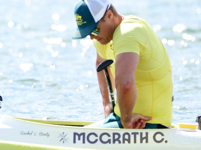 PARIS, FRANCE - SEPTEMBER 08: Peter Cowan of Team New Zealand gives a thumbs up to Curtis McGrath of Team Australia following the Men's Va'a Single 200m VL3 Final on day eleven of the Paris 2024 Summer Paralympic Games at Vaires-Sur-Marne Nautical Stadium on September 08, 2024 in Paris, France. (Photo by Fiona Goodall/Getty Images for PNZ)