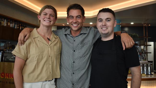 Scotch Bonnet owner Danny Simmonds with operational manager Mikayla Stuart and chef Jake Whitaker at the new Mooloolaba Esplanade-based Columbian bar and grill.