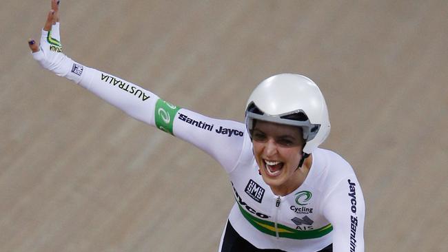 Australia's Rebecca Wiasak celebrates taking gold in the Women's Individual pursuit final during the 2016 Track Cycling World Championships at the Lee Valley VeloPark in London on March 2, 2016 / AFP / ADRIAN DENNIS