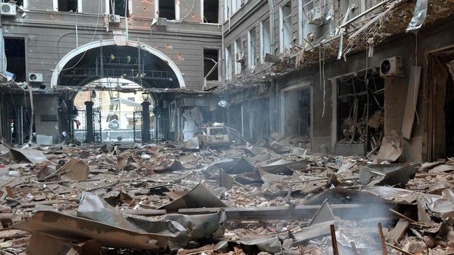 A shelled building in Constitution Square, Kharkiv. Picture: AFP.