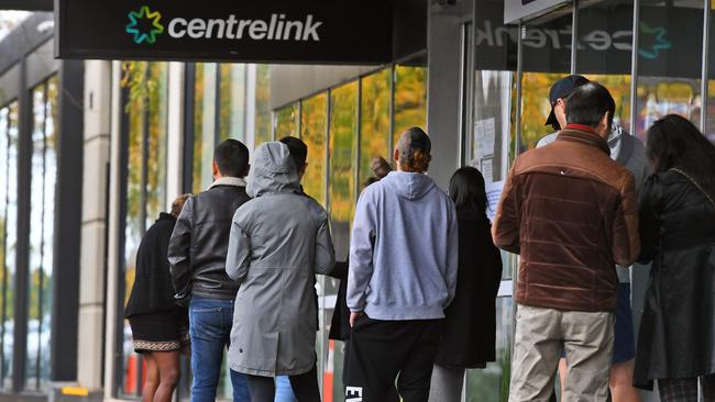 People outside a Centrelink office in Melbourne on April 20, 2020. Picture: William West/AFP