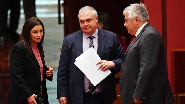 Senator Jacqui Lambie, Senator Stirling Griff and Senator Rex Patrick during debate of the Fair Work Amendment Bill 2021 in the Senate. Picture: Getty