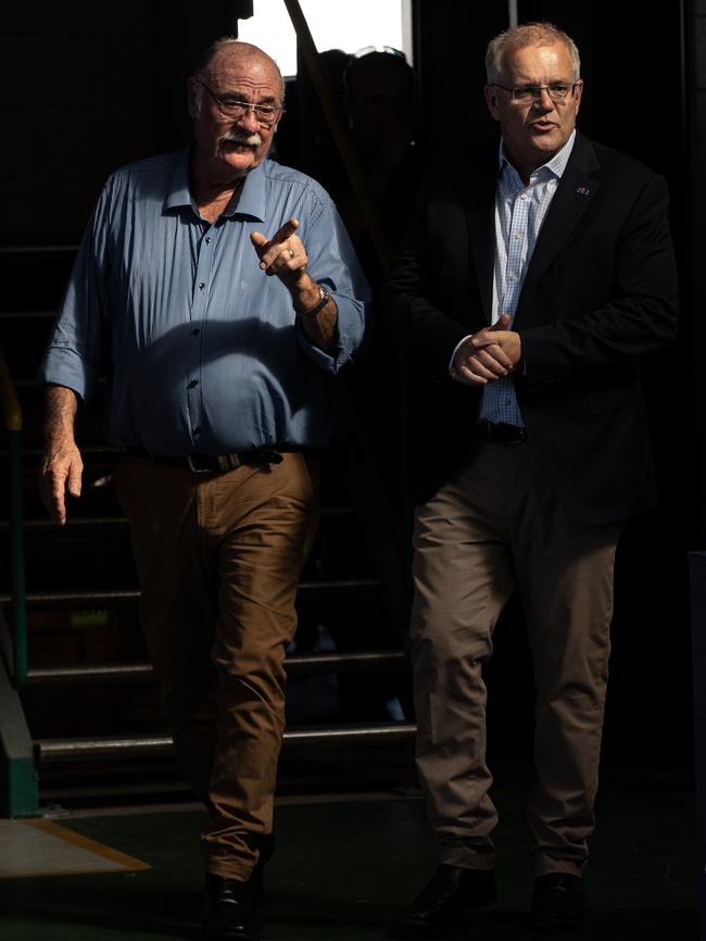 Warren Entsch gives then-PM Scott Morrison a tour of Skytek Pty Ltd in Cairns during the 2022 election campaign. Picture: Jason Edwards