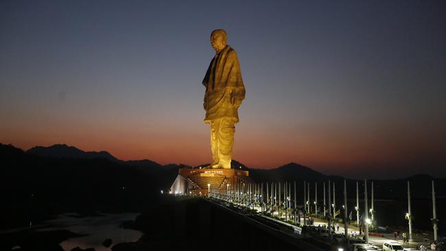 The Statue of Unity is seen at dusk at Kevadiya Colony in Narmada district of Gujarat State, India. Picture: Ajit Solanki/AP