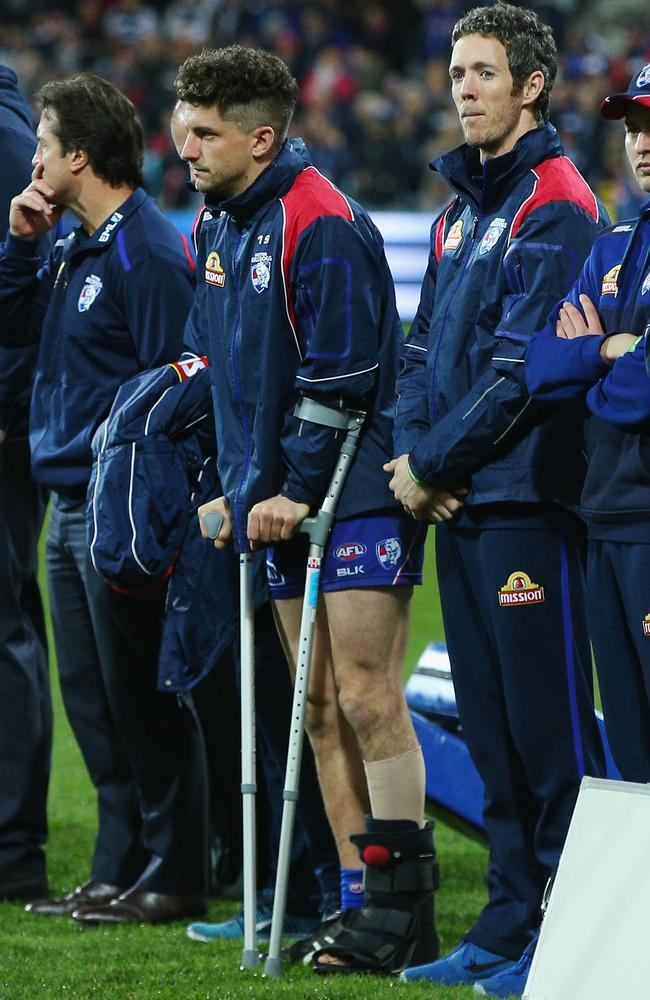 Tom Liberatore on crutchers and in a moon boot after the game. Picture: Getty Images