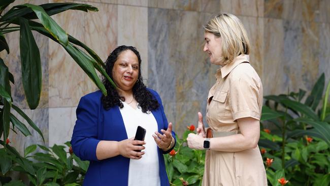 Cairns and Hinterland Hospital and Health Service chief executive Leena Singh speaks with Queensland Health Minister Shannon Fentiman at the Cairns Hospital earlier this year. Picture: Brendan Radke