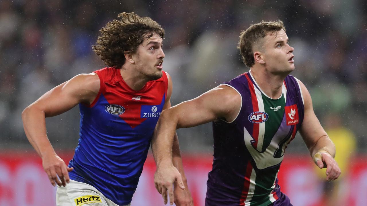 Luke Jackson takes on potential future teammate Sean Darcy. Picture: Will Russell/AFL Photos via Getty Images