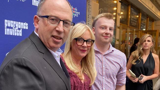 New High Court judge, Tasmanian-born Robert Beech-Jones, with wife and playwright Suzie Miller and son at the opening night of her play, Prima Facie, on Broadway. Source: Supplied