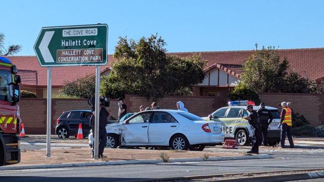 Police and ambulances are responding to a serious crash involving a car and motorbike at Lonsdale Rd, Hallett Cove. Picture: Darren Chaitman