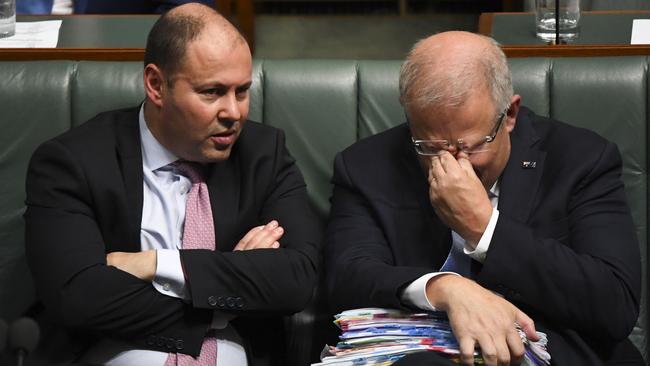 Treasurer Josh Frydenberg (left) and Prime Minister Scott Morrison feel the pinch in Question Time last week. Picture: AAP