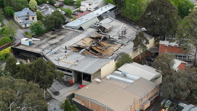 The wreckage of the Stirling Village Shopping Centre, as seen from a drone in the air, after it was gutted by fire on Sunday. Picture: The Advertiser