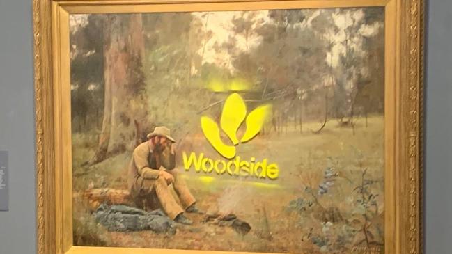 The Western Australian Museum has acquired the sheet of perspex that was spray painted with the Woodside logo by a climate activist. The sheet was protecting Australian artist Frederick McCubbin’s masterpiece Down on His Luck.