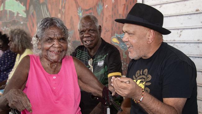 Yes campaigner and voice co-architect Noel Pearson shares a joke with 91-year-old elder Bertha Yunkaporta in the Cape York township of Aurukun. Picture: Brian Cassey