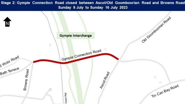 A portion of the Gympie Connection Rd will also remain shut to traffic from Sunday July 9 to Sunday July 16.