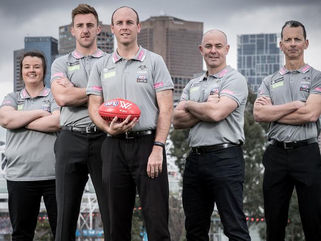 Collingwood unveils its AFLW coaching panel. (L-R) Chloe McMillan, Lynden Dunn, Wayne Siekman, Daniel Harford and Matthew Jones. Picture: Jake Nowakowski