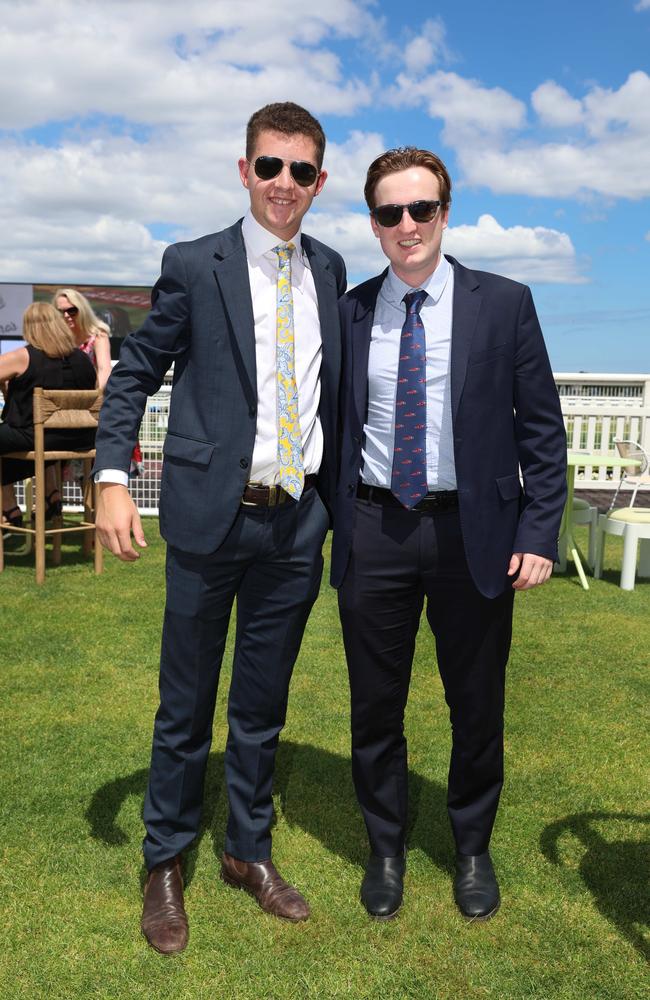 MELBOURNE, AUSTRALIA – OCTOBER 16 2024 Fergus and William at the Caulfield Social race day at Caulfield racecourse on Wednesday 16th October, 2024 Picture: Brendan Beckett