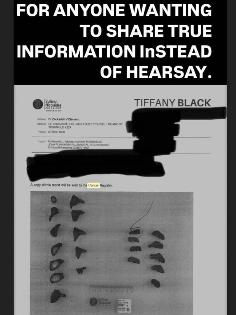Ms Black posted medical records to her Instagram story, accusing former friends of ‘spreading rumours’ about her cancer. Picture: Instagram