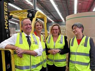 Australian Opposition Leader Bill Shorten, Labor Senator Kristina Keneally, Labor candidate for Bonner Jo Briskey and shadow Foreign Affairs Minister Penny Wong pose for photographs during a visit to Australian Container Freight Services (ACFS) in Brisbane, Thursday, May 9, 2019. Picture: LUKAS COCH