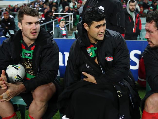 =Bryson Goodwin on the bench with an injured arm against the Sea Eagles. Pic Brett Costello