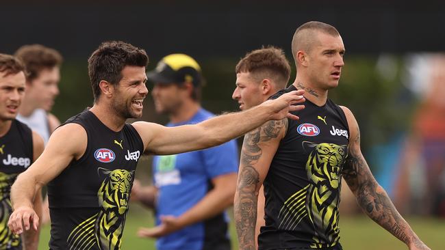 MELBOURNE, AUSTRALIA - FEBRUARY 03: Trent Cotchin and Dustin Martin of the Tigersl are seen during a Richmond Tigers AFL training session at Punt Road Oval on February 03, 2022 in Melbourne, Australia. (Photo by Robert Cianflone/Getty Images)