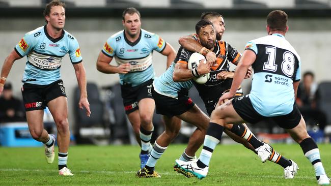 Wests Tigers playmaker Benji Marshall runs the ball during his team’s victory over Cronuall at Bankwest Stadium. Picture: Getty Images