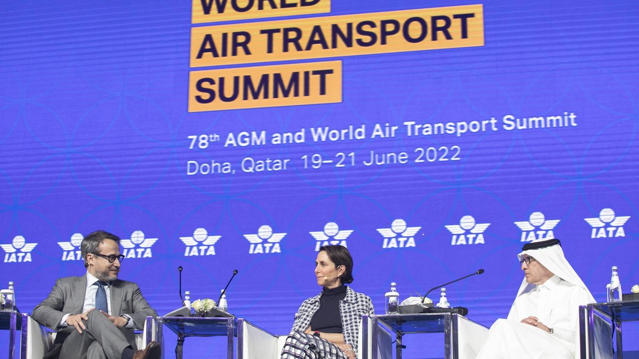 Virgin Australia CEO Jayne Hrdlicka (centre) with Qatar Airways CEO Akbar Al Baker at the 2022 IATA summit in Doha. Picture: IATA