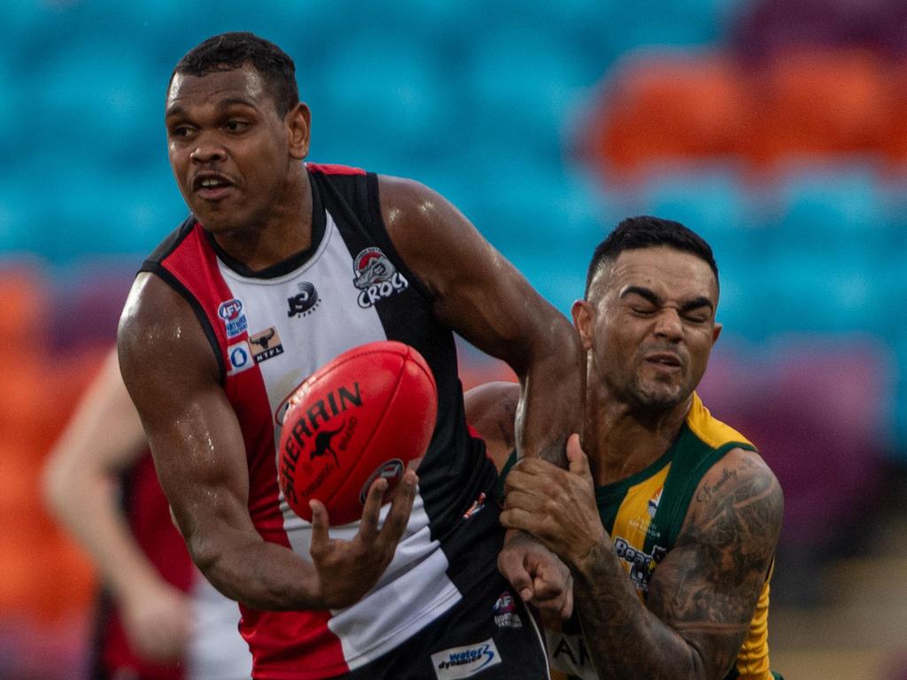 Roy George and Warwick Williams in the Southern Districts vs PINT 2023-24 NTFL men's elimination final. Picture: Pema Tamang Pakhrin