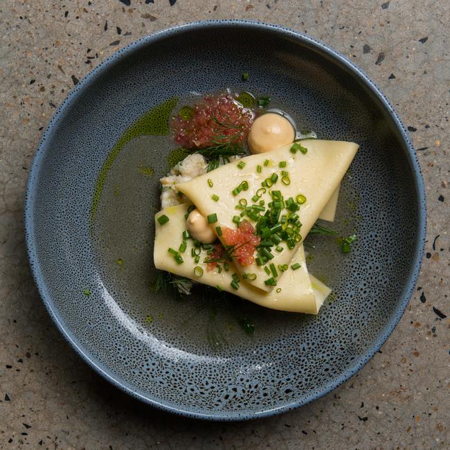 The blue swimmer crab pasta blanket with finger lime, egg emulsion and dashi and crab broth at The Stables Restaurant &amp; Bar in Paddington.