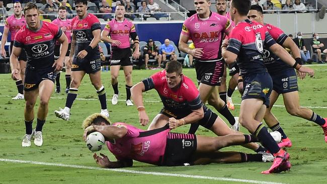 Penrith’s Viliame Kikau stretches out to score as Panthers claimed the minor premiership in Townsville Picture: Getty Images