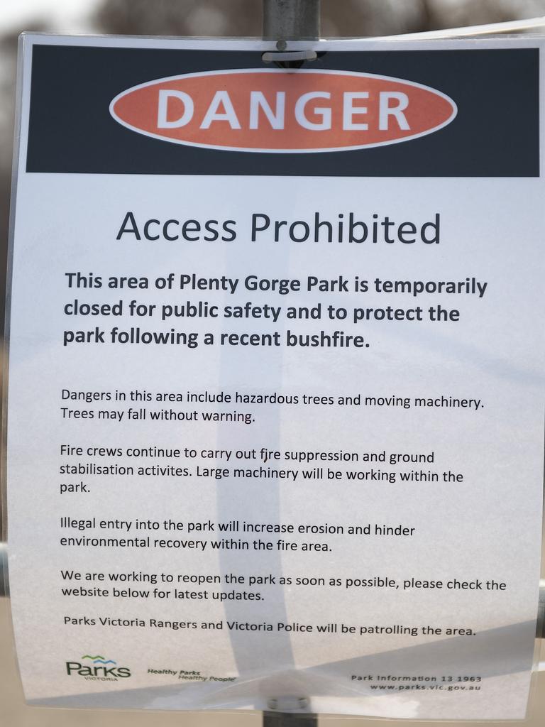 Plenty Gorge parklands is closed to the public after the recent bushfire. Picture: Ellen Smith