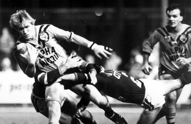 Garry Jack (ball) during the Balmain versus Easts game at Leichhardt Oval on June 3, 1987. Picture: Peter Kurnik.