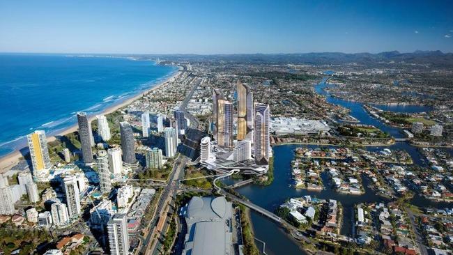 The Star Gold Coast Masterplan Development (viewed from the north) at its island site at Broadbeach.