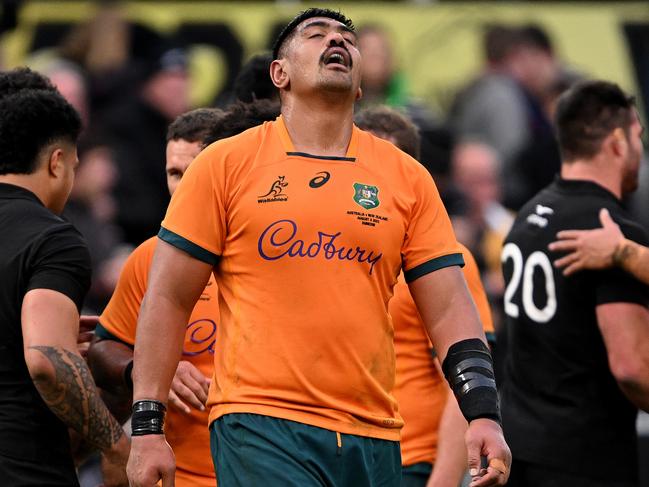 DUNEDIN, NEW ZEALAND - AUGUST 05: Will Skelton of Australia reacts following The Rugby Championship & Bledisloe Cup match between the New Zealand All Blacks and the Australia Wallabies at Forsyth Barr Stadium on August 05, 2023 in Dunedin, New Zealand. (Photo by Joe Allison/Getty Images)