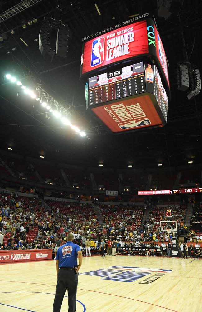 A security guard stands on the court after it was cleared following an earthquake that shook the Thomas &amp; Mack Center during a game between the New Orleans Pelicans and the New York Knicks. Picture: Getty