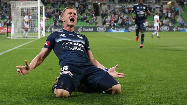 Besart Berisha celebrates a goal against Newcastle Jets.